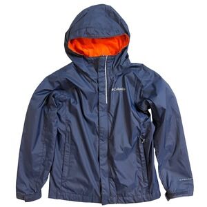 Columbia Kids Navy Blue Omni-Tech Waterproof Rain Jacket  Orange Lining S 8